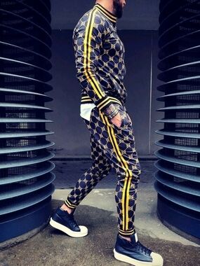 BB Logo Navy & Yellow Track Pants - Men's Hip Hop Fashion Joggers